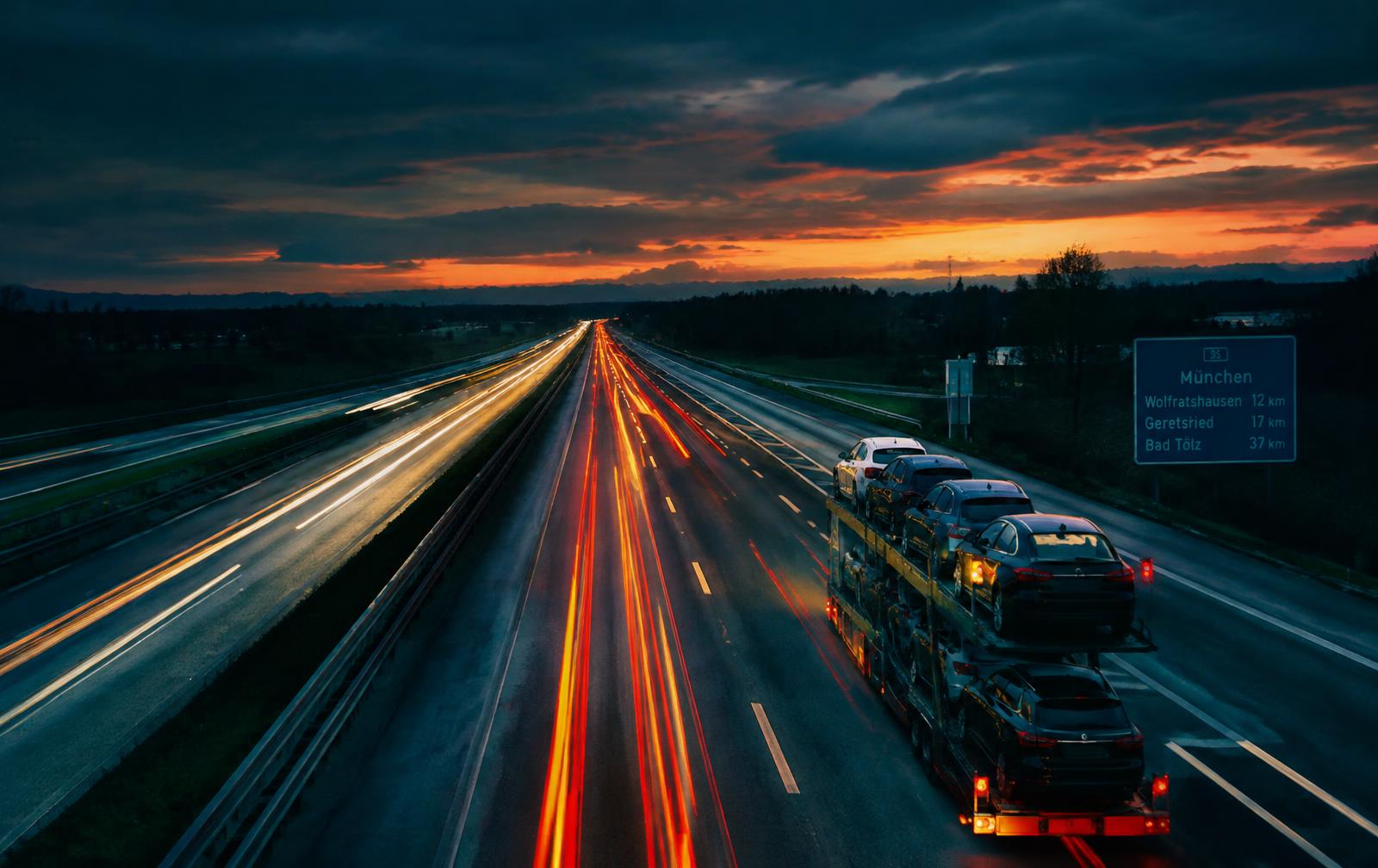 European motorway at dusk with car transporter